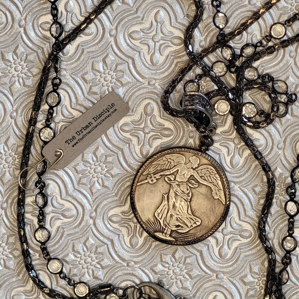 Vintage Replica French Coin Pendant Necklace on Dbl Strand Rosary Chain